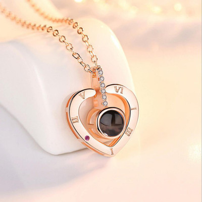 MYKI I LOVE YOU in 100 Language Projection Heart Shape Pendant With Chain For Women & Girls Gold-plated Swarovski Zirconia Stainless Steel Pendant