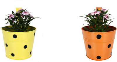 TrustBasket Set of 2 - Single Pot Railing Planter - Orange and Yellow Plant Container Set(Pack of 2, Metal)