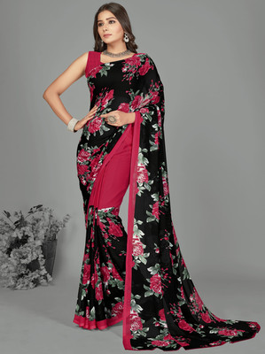 Anand Sarees Floral Print Daily Wear Georgette Saree(Red, Black)