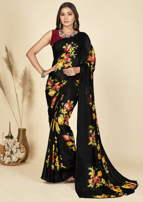 Anand Sarees Floral Print Daily Wear Georgette Saree(Black)