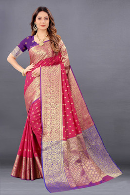 nikchi hub Woven Banarasi Silk Blend Saree(Pink)