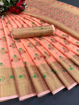 Gold Art Fashion Printed Banarasi Cotton Silk, Jacquard Saree(Orange)
