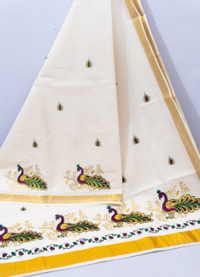 SAT Embroidered Kasavu Pure Cotton Saree(Multicolor)