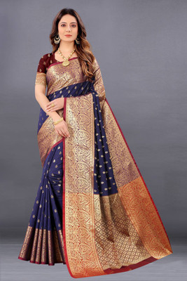 Surati Sarees Floral Print Banarasi Silk Blend Saree(Blue)