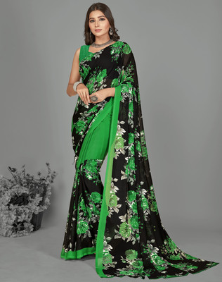 kashvi sarees Floral Print Daily Wear Georgette Saree(Green, Black)