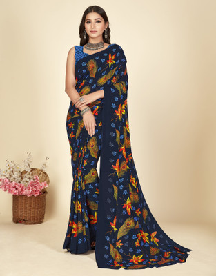 Anand Sarees Floral Print Daily Wear Georgette Saree(Blue)