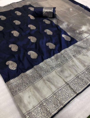 ZILVIRA Woven, Applique, Embellished Kanjivaram Art Silk, Silk Blend Saree(Dark Blue)