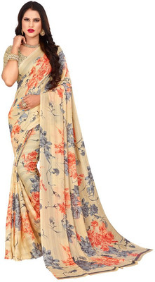 Sanwariya Silk Floral Print Bollywood Georgette Saree(Cream)
