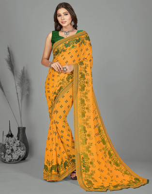 kashvi sarees Paisley, Animal Print Daily Wear Georgette Saree(Green, Yellow)
