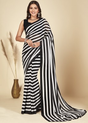 kashvi sarees Printed, Striped Daily Wear Georgette Saree(White, Black)