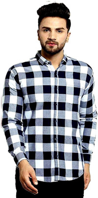 REHAN Men Checkered Casual White, Black Shirt