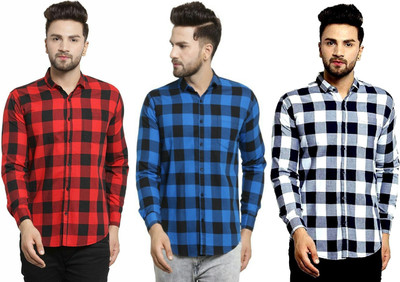 REHAN Men Checkered Casual Red, White, Blue Shirt(Pack of 3)