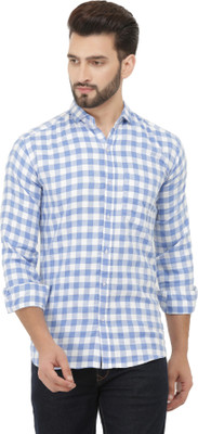v elegant Men Checkered Casual White, Blue Shirt