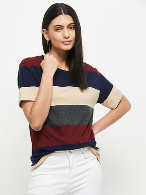 MAX Solid Women Round Neck Dark Blue T-Shirt
