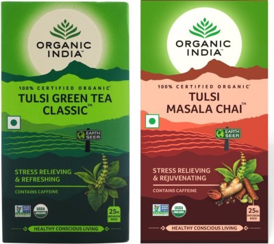 ORGANIC INDIA Tulsi Green Tea Classic 25 Tea Bag & Tulsi Masala Chai 25 Tea Bag Tulsi Tea Bags Box(2 x 25 Bags)