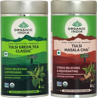 ORGANIC INDIA Tulsi Green Tea 100g & Tulsi Masala Chai 100g Tulsi Tea Tin(2 x 100 g)