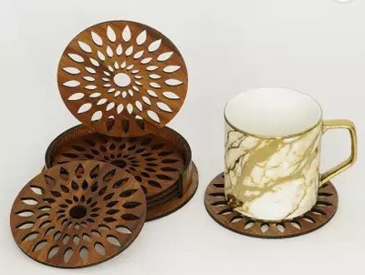 Gojeeva Round Reversible Wood Coaster Set(Pack of 6)