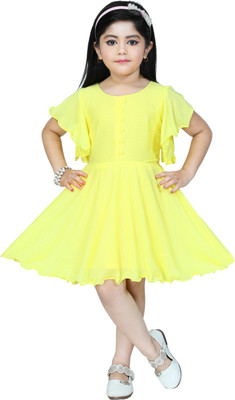 CUTE XII FASHION Girls Midi/Knee Length Casual Dress(Yellow, Short Sleeve)