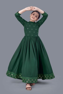 Mirrow Trade Girls Maxi/Full Length Festive/Wedding Dress(Dark Green, 3/4 Sleeve)