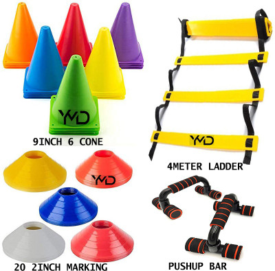YMD 9 Inch Cones Pack 6, 20 Space Markers, 4 Meter Ladder Agility and Pushup Bar Football Kit