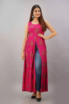 UEA Women Floral Print Frontslit Kurta(Pink)