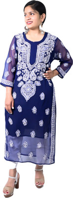 Ibtida Women Chikan Embroidery Straight Kurta(Dark Blue)