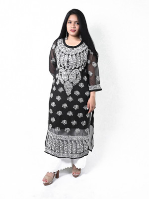 Ibtida Women Chikan Embroidery Straight Kurta(Black)