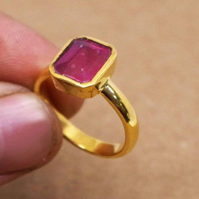KUNDLI GEMS Kundli Gems Ruby Stone Ring Adjustable Ring for Women Copper Ruby Gold Plated Ring