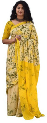 Jashvita Printed, Color Block, Blocked Printed Handloom Pure Cotton Saree(Yellow)