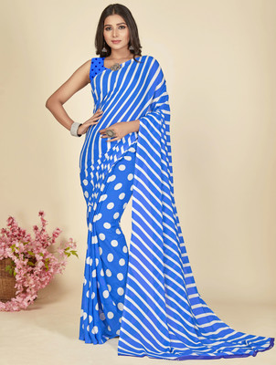 Anand Sarees Striped, Polka Print Daily Wear Georgette Saree(Light Blue, White)