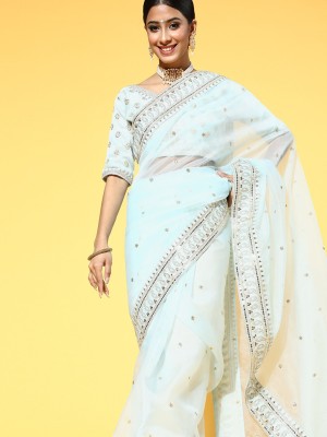 Ratnavati Embroidered Bollywood Organza Saree(Light Blue)