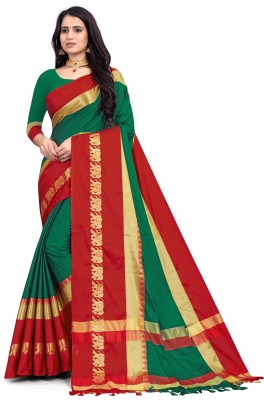 Fab Silk Woven Banarasi Cotton Silk Saree(Red, Green)