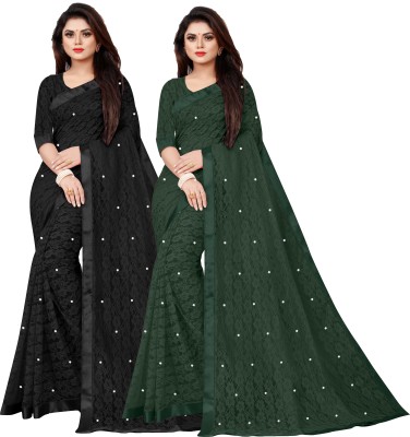 DEVYOG ENTERPRISE Self Design Bollywood Net Saree(Pack of 2, Green, Black)