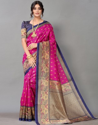 Samah Geometric Print, Printed Kanjivaram Cotton Silk Saree(Pink, Beige)