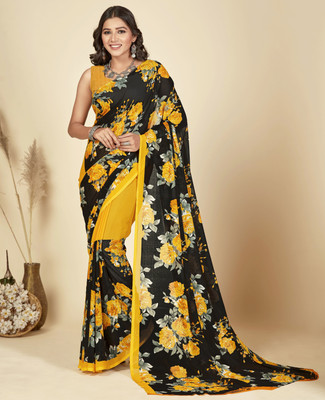 Anand Sarees Floral Print Daily Wear Georgette Saree(Black, Yellow)
