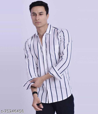 SK Fashion Men Striped Casual White Shirt