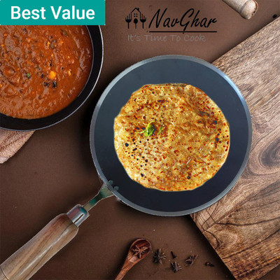 Navghar Traditioanl iron 2mm tawa with wooden handle for roti/chapati/paratha etc. Tawa 25.1 cm diameter(Iron)
