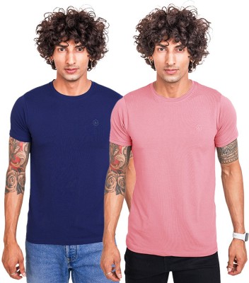 Zulements Solid Men Round Neck Dark Blue, Pink T-Shirt