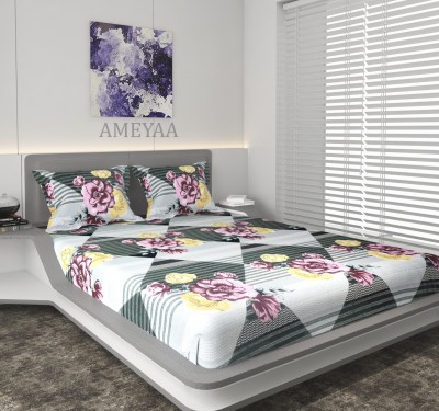 AMEYAA 180 TC Cotton Double Printed Fitted (Elastic) Bedsheet(Pack of 1, Grey)