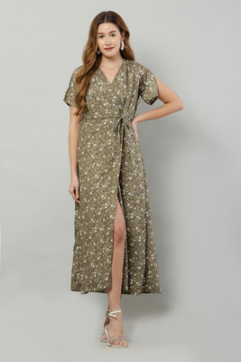 A R J FASHION Women A-line Light Green Midi/Calf Length Dress
