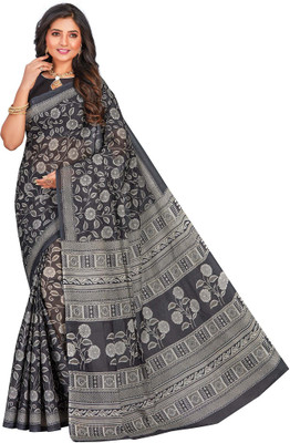 Jevi Prints Floral Print Daily Wear Pure Cotton Saree(Grey)