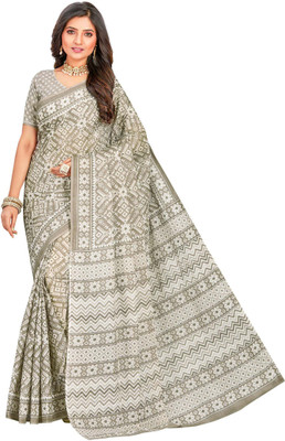 Jevi Prints Printed Patola Pure Cotton Saree(Grey)