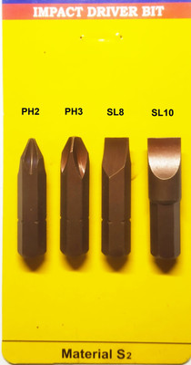 TOM Hardened and Tempered 4 Impact Driver Bit Set ( PH2, PH3, SL8, SL10 ) Impact Screwdriver Set(Pack of 4)
