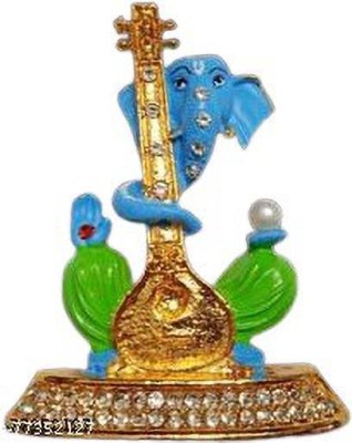 TINKU STORE Lord Ganesha With Veena Idol Ganpati Bhagwan Brass Statue for Home Decoration Decorative Showpiece  -  7 cm(Brass, Green)