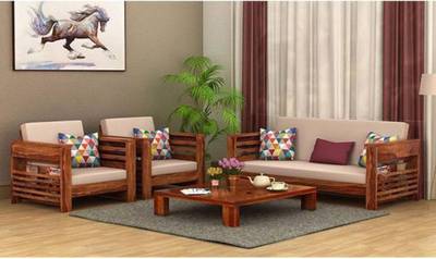 VARSHA FURNITURE Wooden 5 Seater Sofa Set with Cream Cushions| Solid Indian Sheesham Wood Fabric 3 + 1 + 1 Sofa Set
