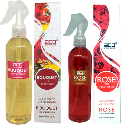 aco Bouquet and Rose Trigger room freshner 500ml 2pc combo set . Spray Bouquet and Rose Trigger room freshner 500ml 2pc combo set .(2 x 250 ml)