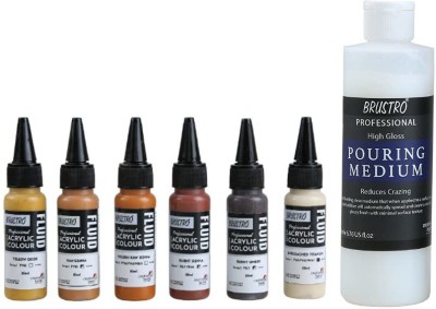 BRuSTRO Professional Artists Fluid Acrylic 20 ml Pack of 6 with Pouring Medium 200 ml