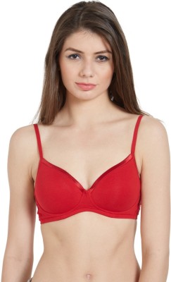 SOIE Woman's Semi/Medium Coverage Padded Non-Wired Satin Panelled T-shirt Bra Women T-Shirt Lightly Padded Bra(Red)