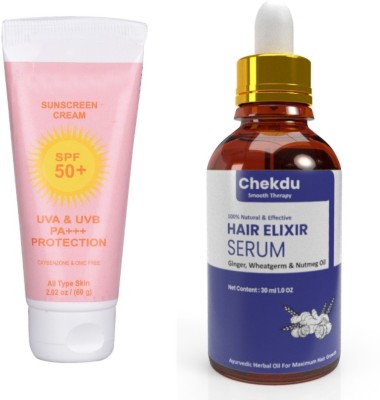 Chekdu Smooth Therapy Combo of SPF 50 Sunscreen 60gm & Hair Booster Elixir Serum 30ml(2 Items in the set)