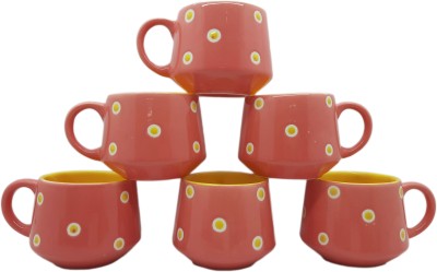 laghima jadon Pack of 6 Ceramic Coffee Cup & Tea/Mug Yellow Dot Round Shape Beautiful 130 ML (Coarl & Yellow)(Multicolor, Yellow, Cup Set)
